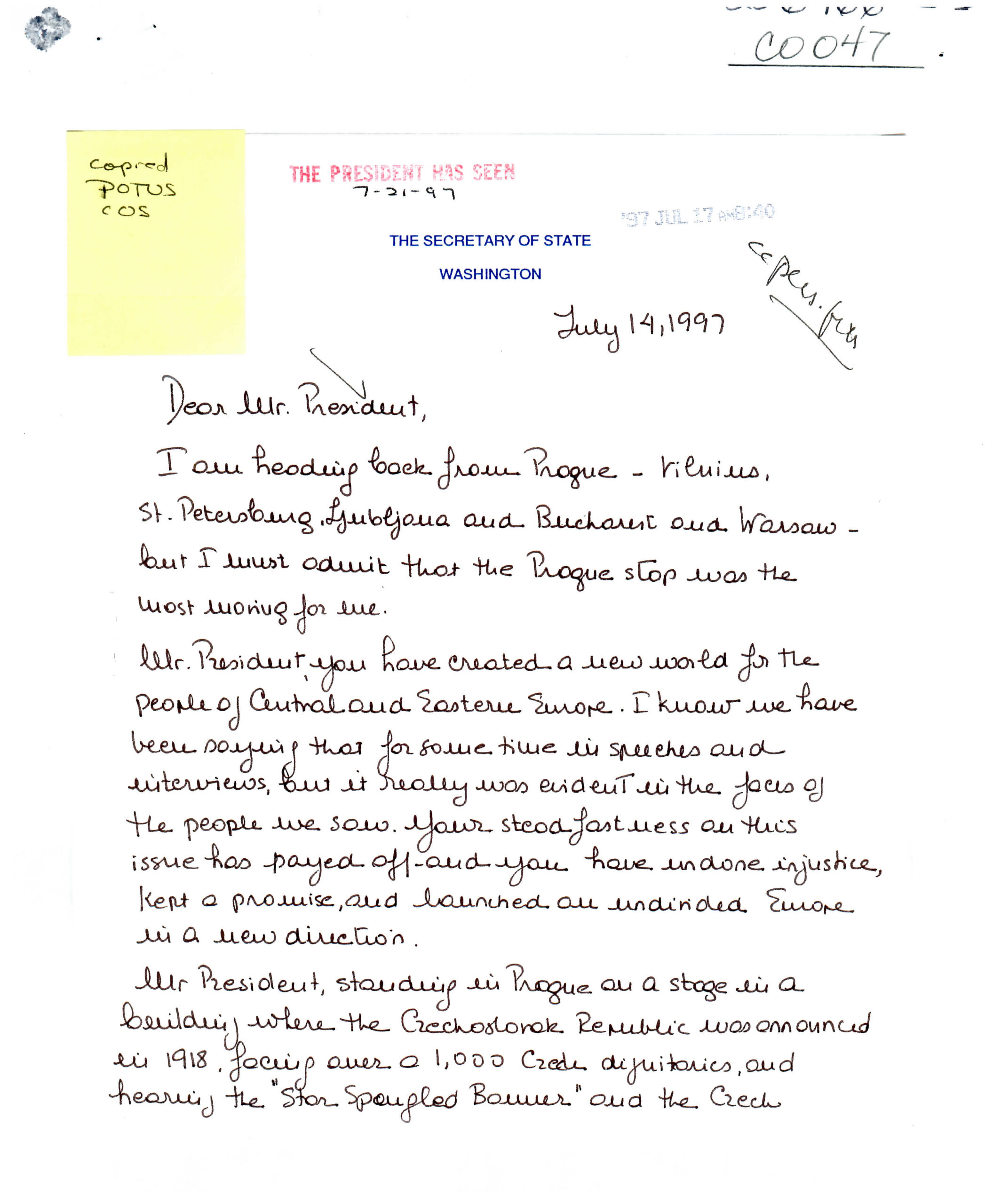 Letter from Madeleine Albright to President Clinton