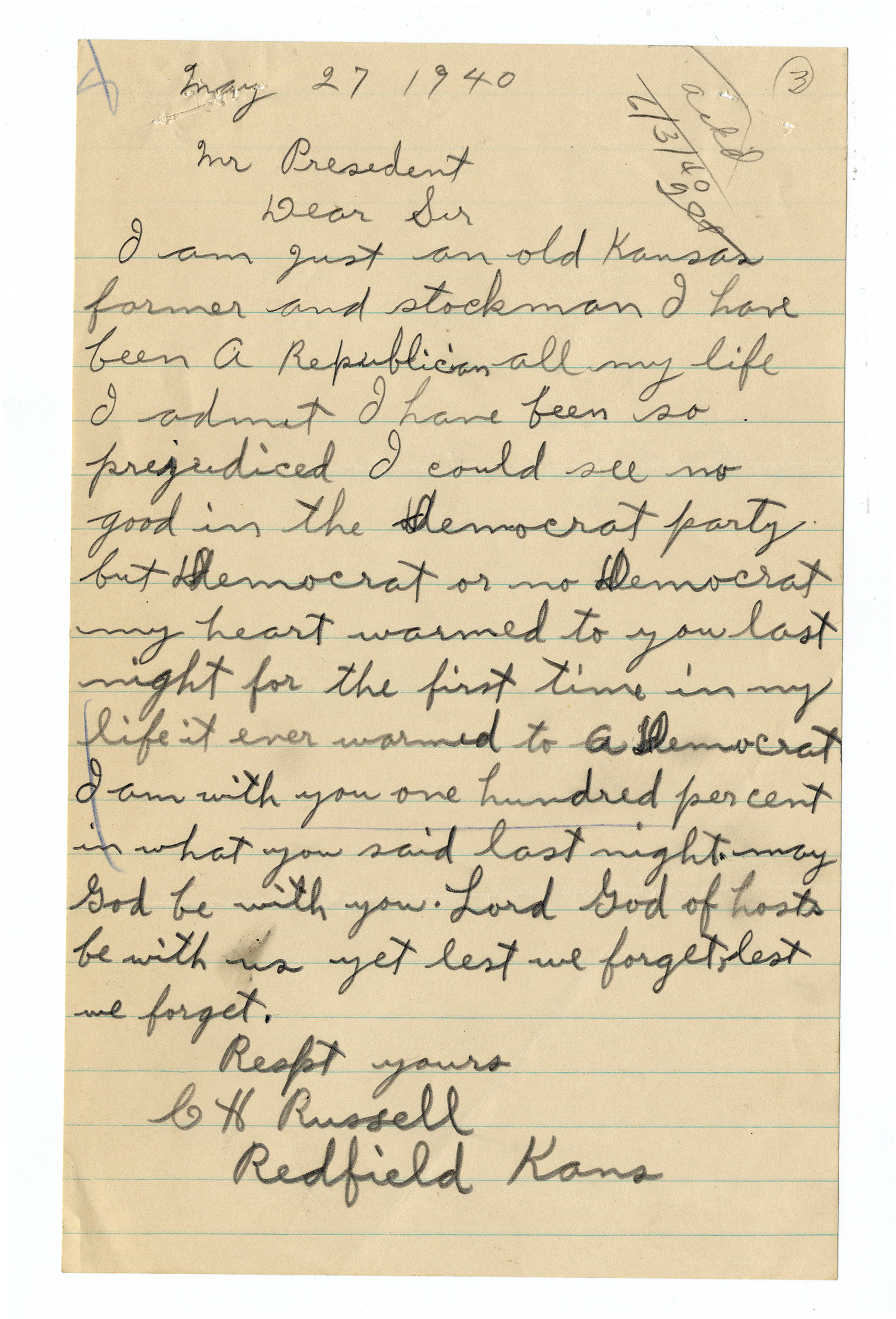 Letter, C.H. Russell to Franklin D. Roosevelt