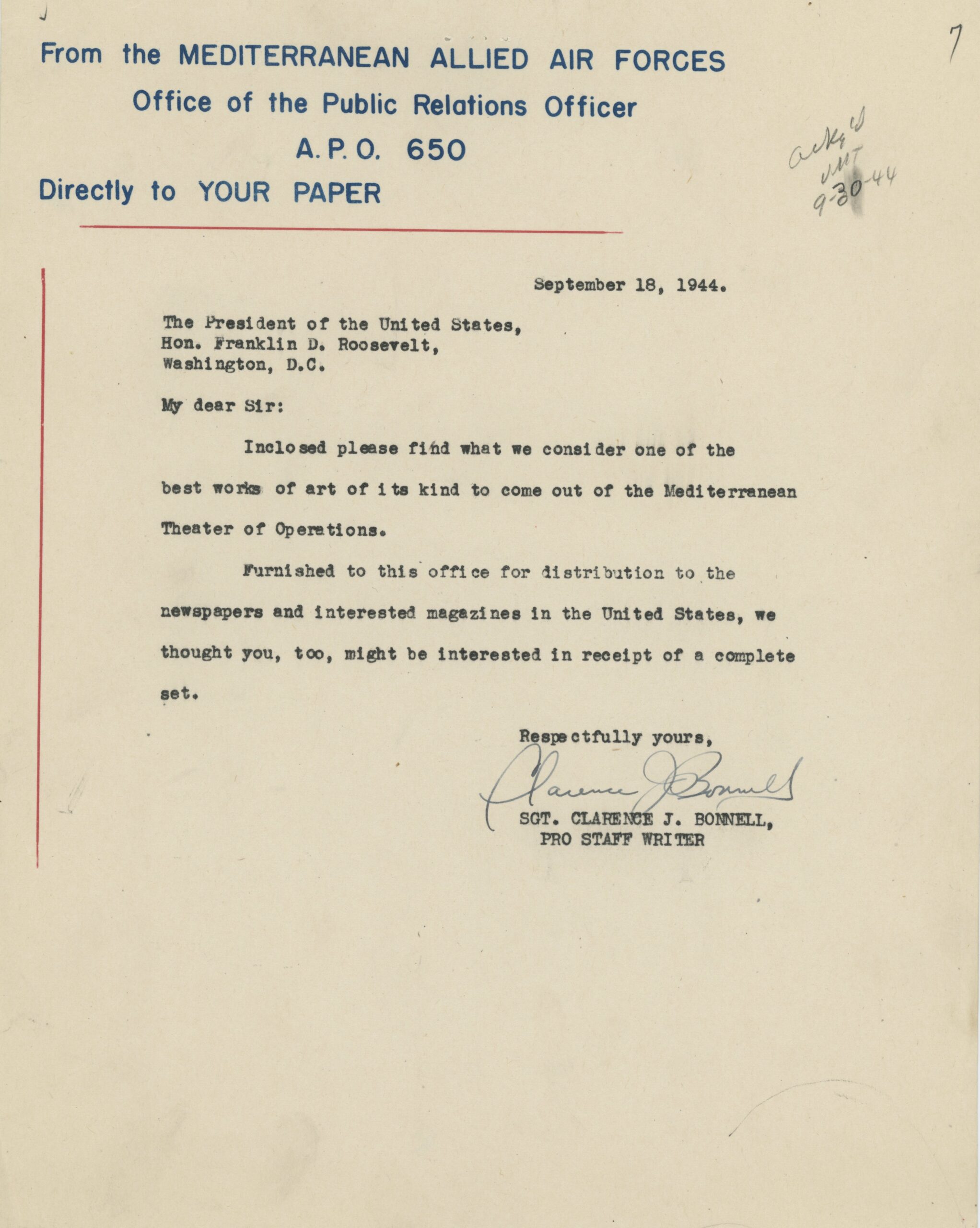 Letter, Sgt. Clarence J. Bonnell to Franklin D. Roosevelt