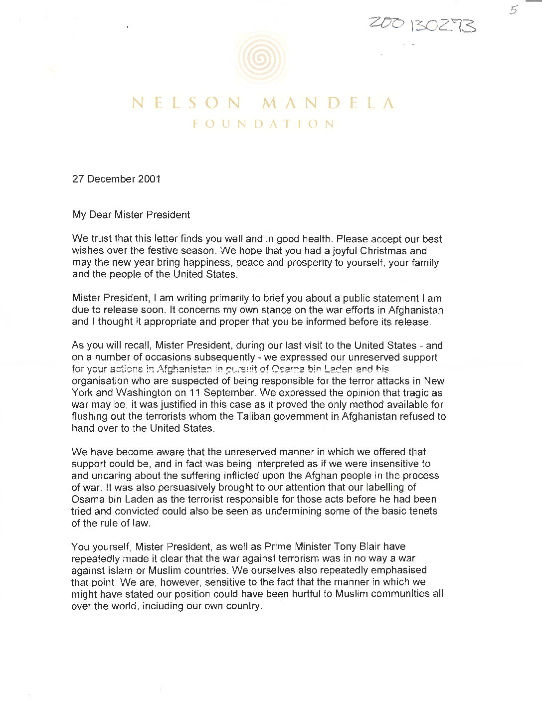 Letter to President George W. Bush from South African President Nelson Mandela