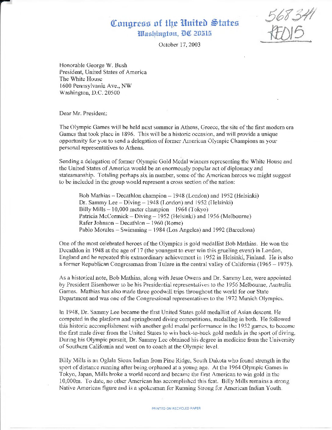 Letter to President George W. Bush from Congressmen Devan Nunes and Dana Rohrabacher