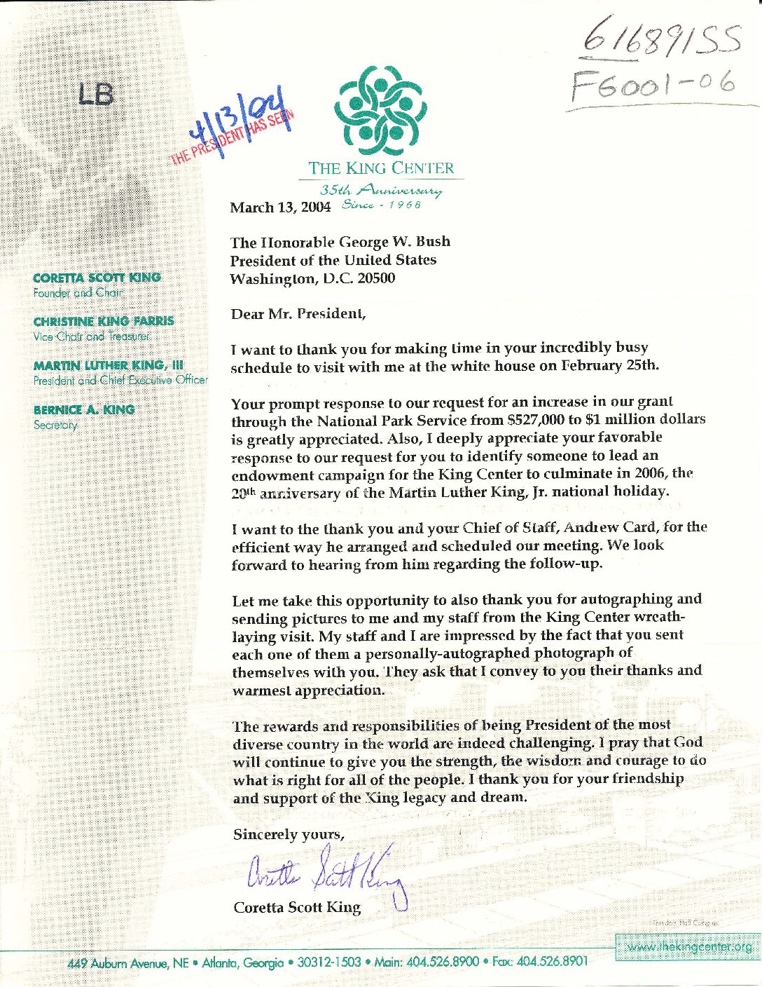 Letter to President George W. Bush from Coretta Scott King