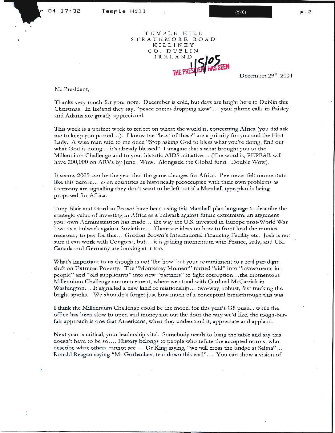 Letter to President George W. Bush from Bono