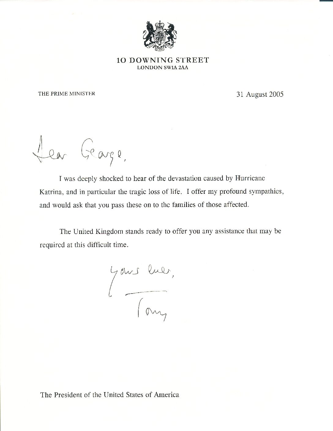 Letter to President George W. Bush from British Prime Minister Tony Blair