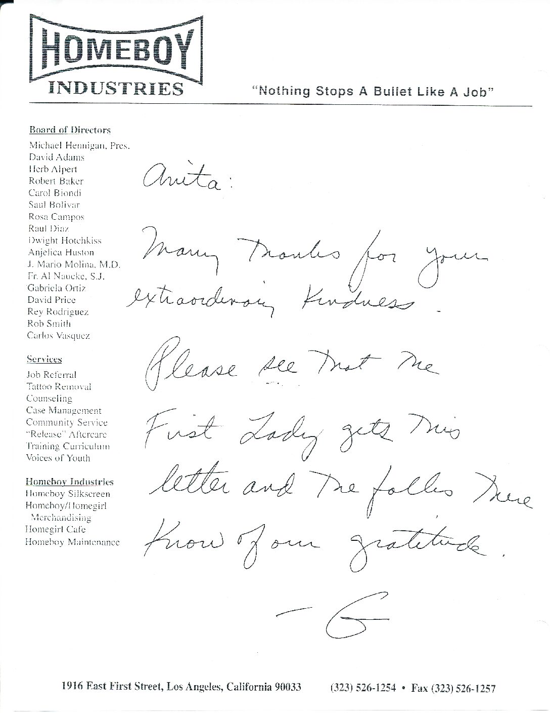 Letter to First Lady Laura Bush and Anita McBride from Gregory Boyle