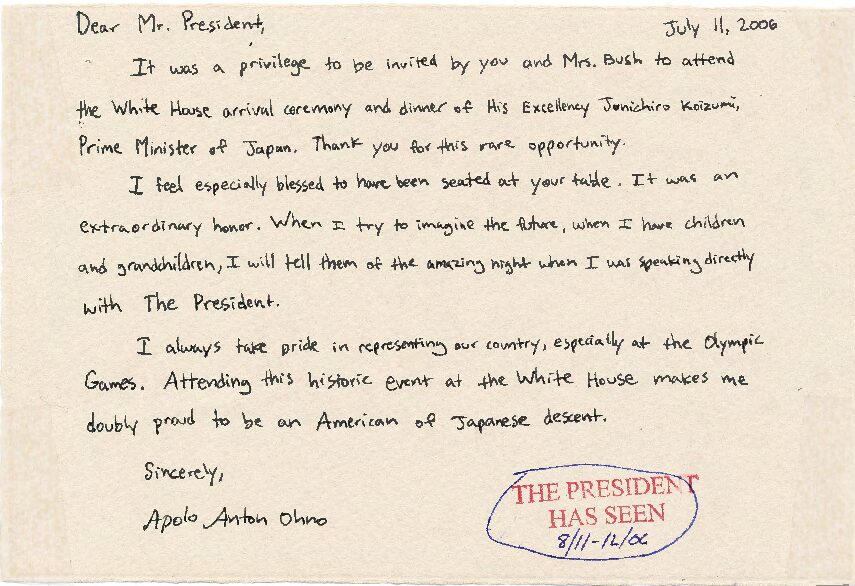 Letter to President George W. Bush from Apolo Anton Ohno