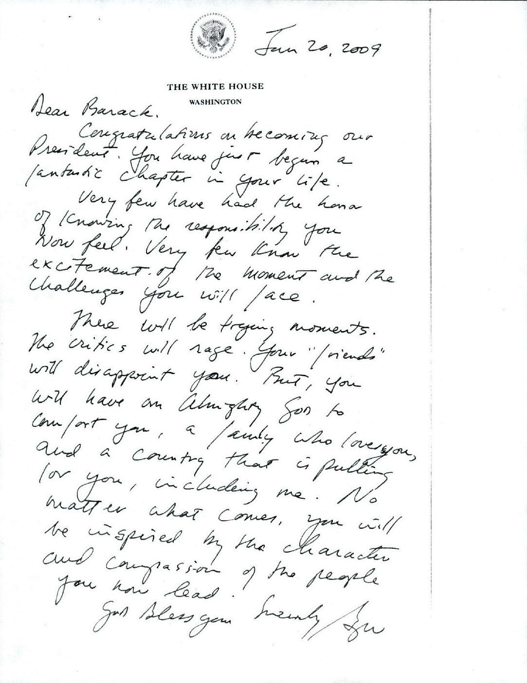 Transition Letter to President Barack H. Obama from President George W. Bush