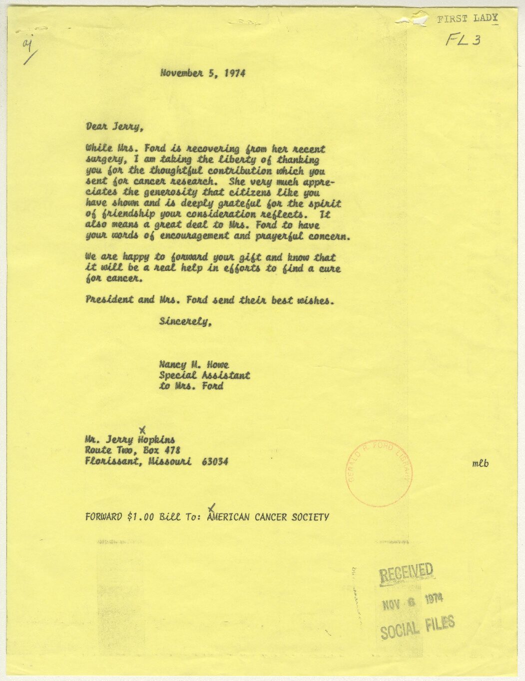 Children’s Letter from Jerry Hopkins to First Lady Betty Ford Offering a Donation to the American Cancer Society