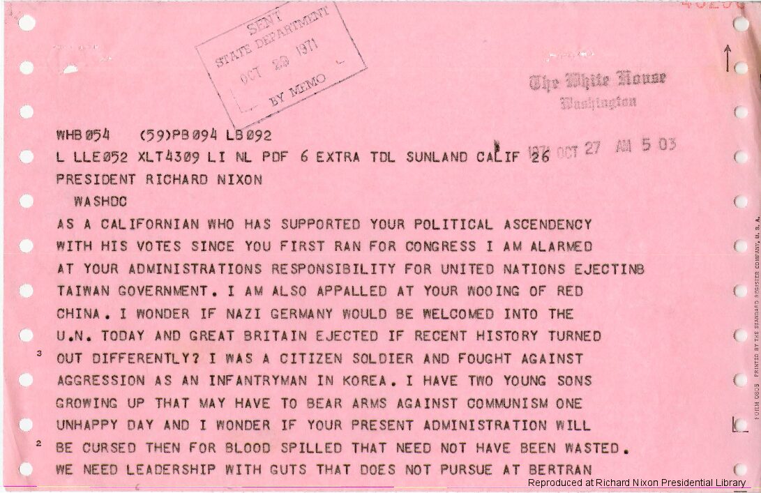 Telegram sent to President Richard Nixon by Sam McKim
