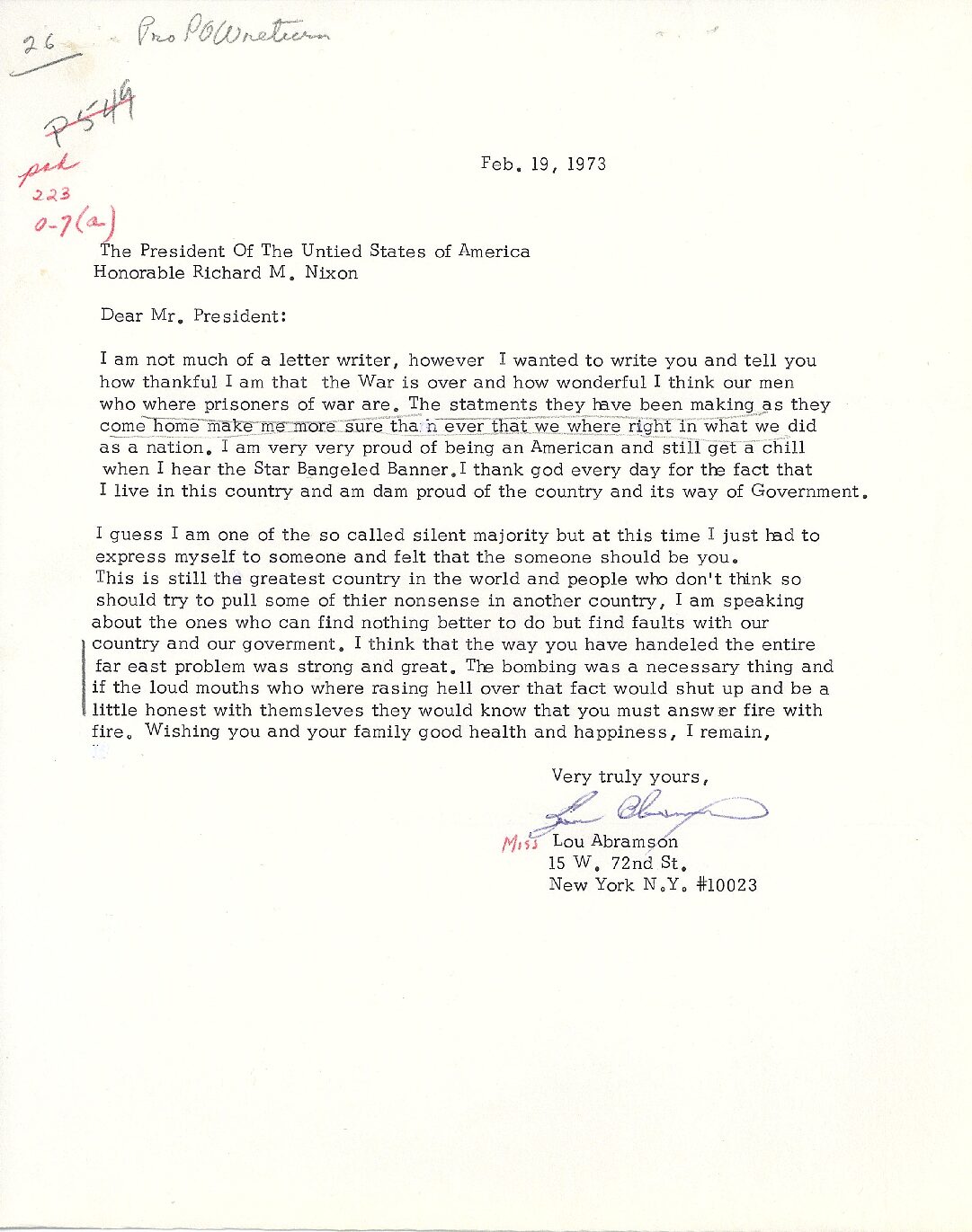 Letter sent to President Richard Nixon by Miss Lou Abramson