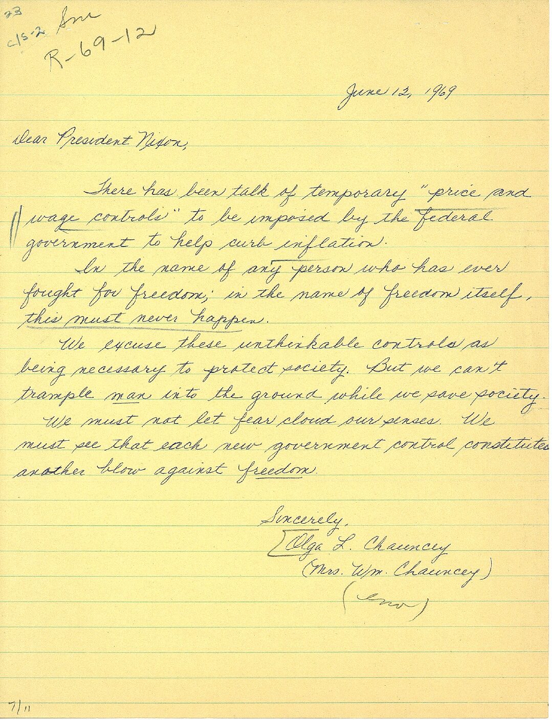 Letter sent to President Richard Nixon by Mrs. William L. Chauncey