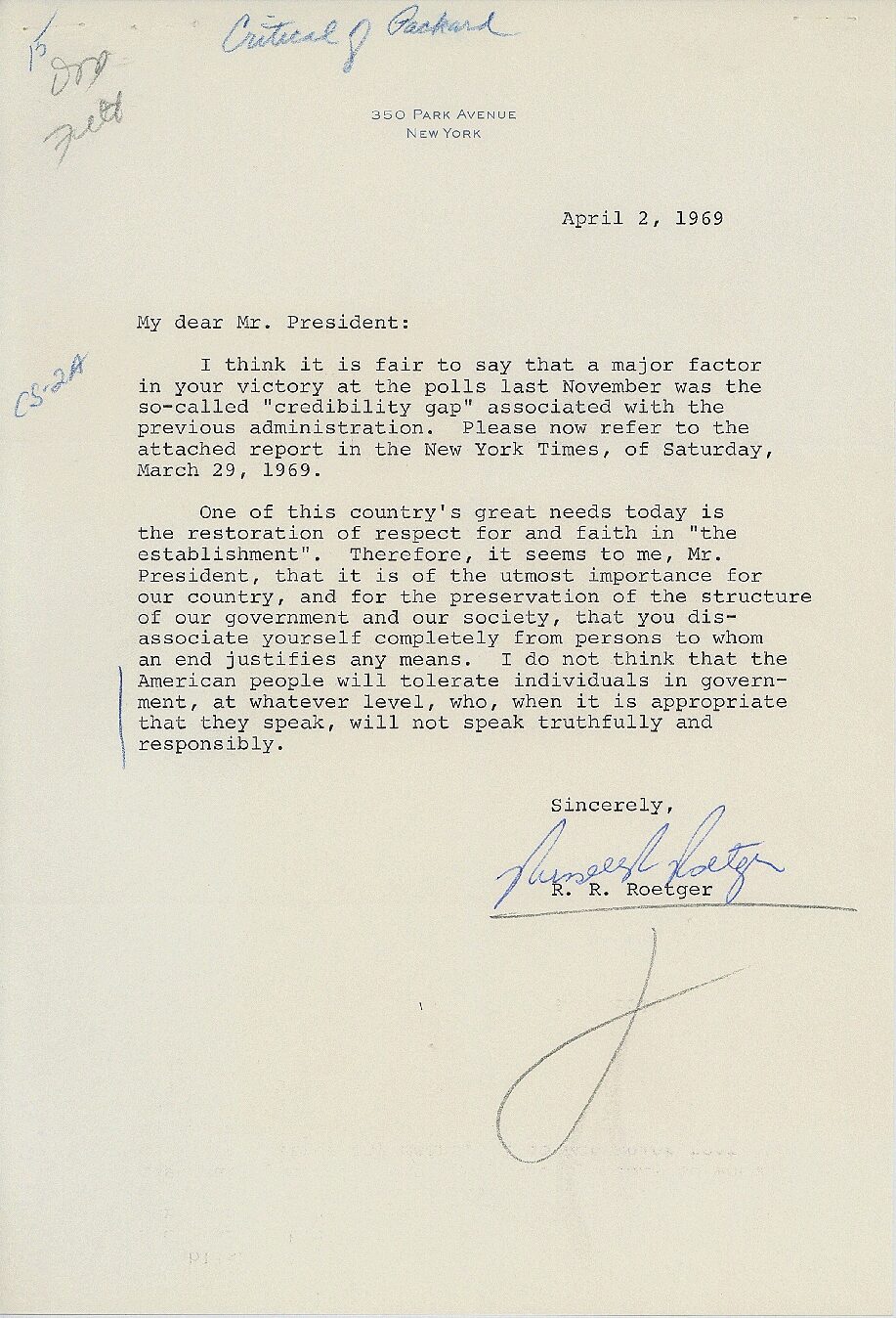 Letter sent to President Richard Nixon by R. R. Roetger