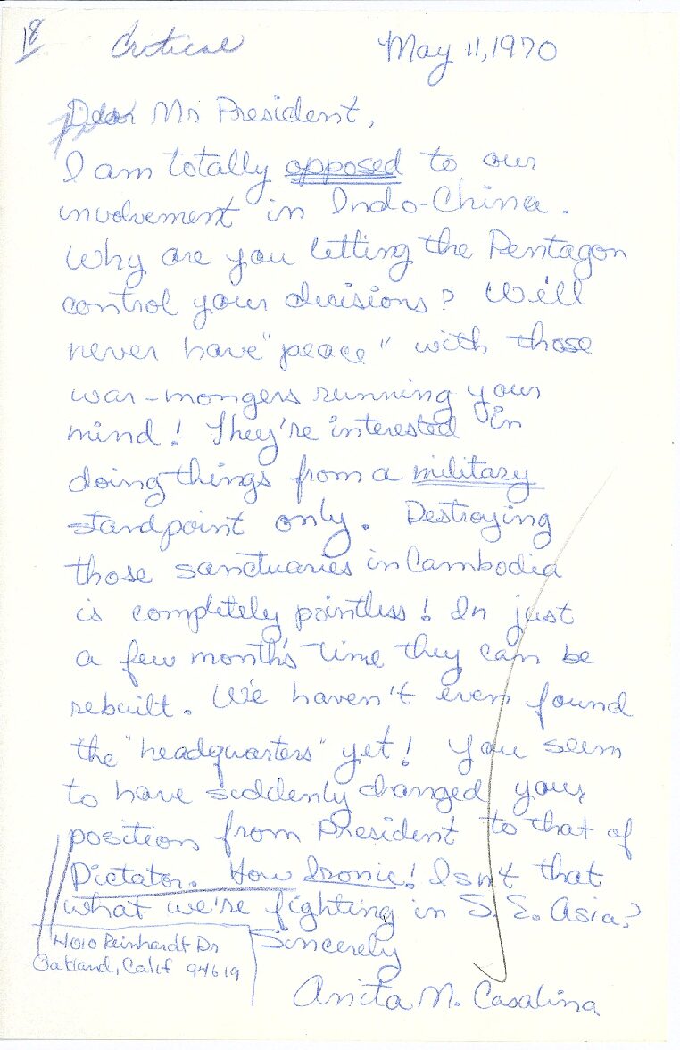 Letter sent to President Richard Nixon by Anita M. Casaslina