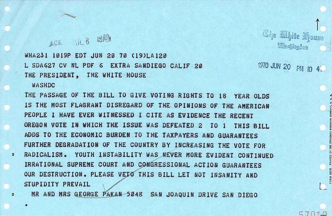 Telegram sent to President Richard Nixon by Mr. and Mrs. George Pakan