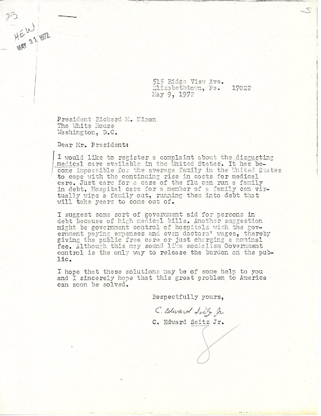 Letter sent to President Richard Nixon by C. Edward Seitz, Jr.