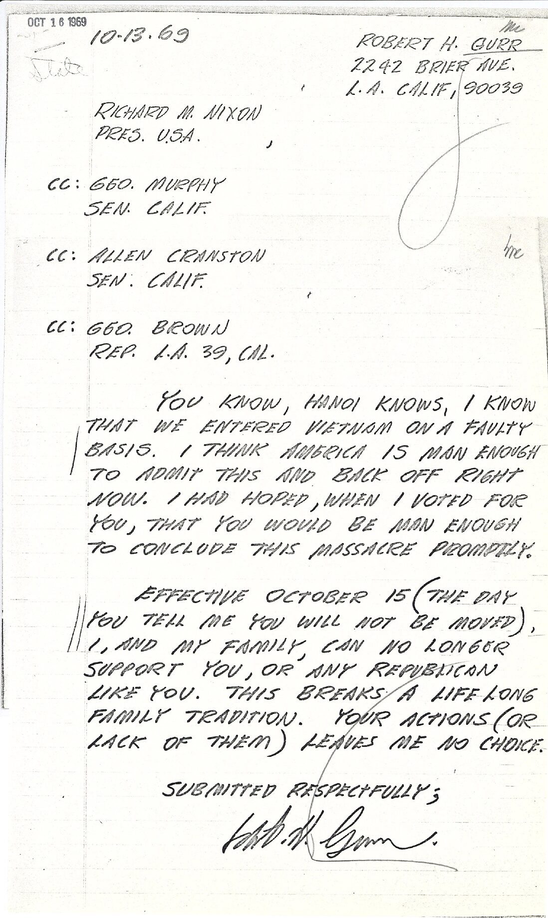 Letter sent to President Richard Nixon by Robert H. Gurr
