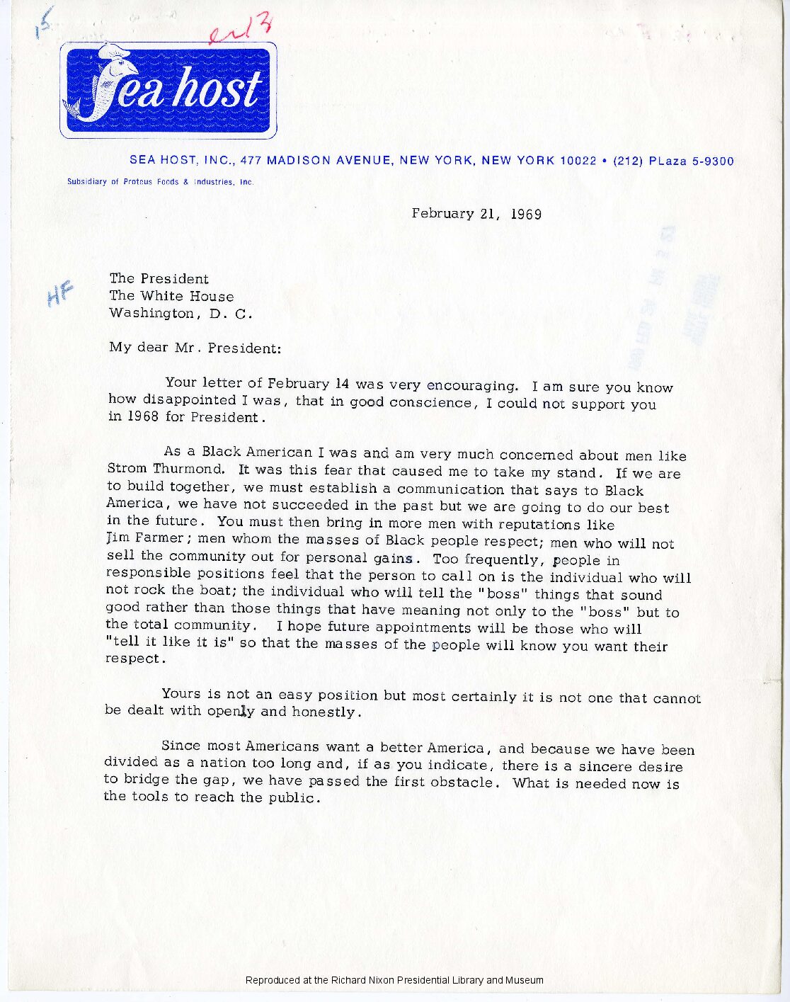 Letter sent to President Richard Nixon by Jackie Robinson
