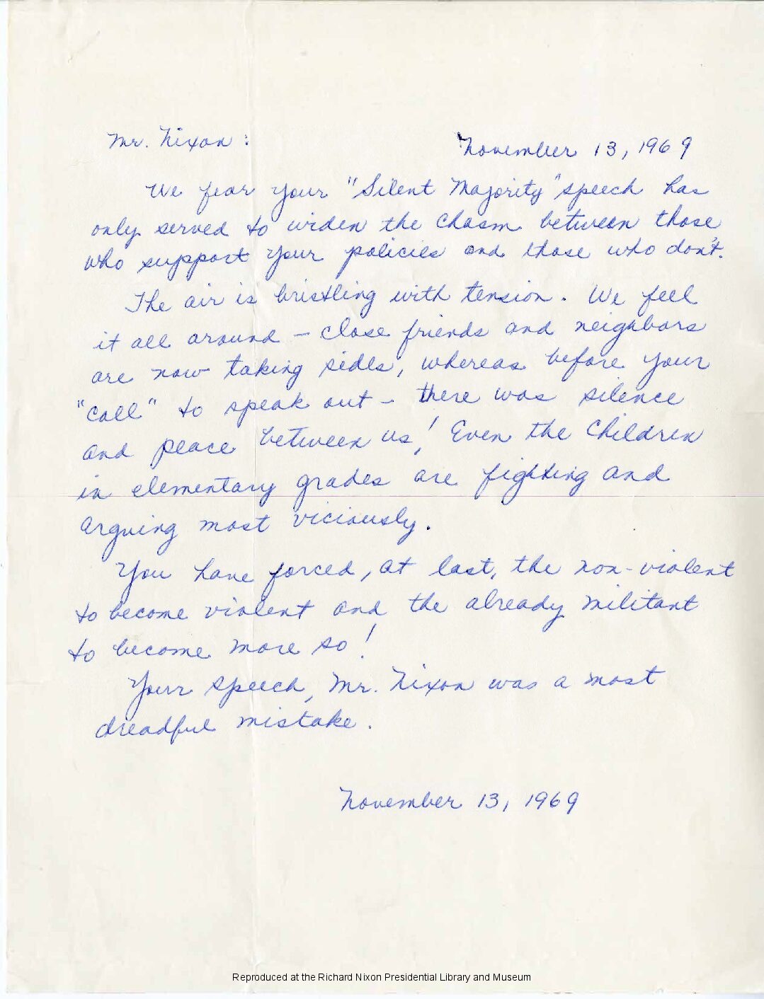 Letter sent to President Richard Nixon by unknown