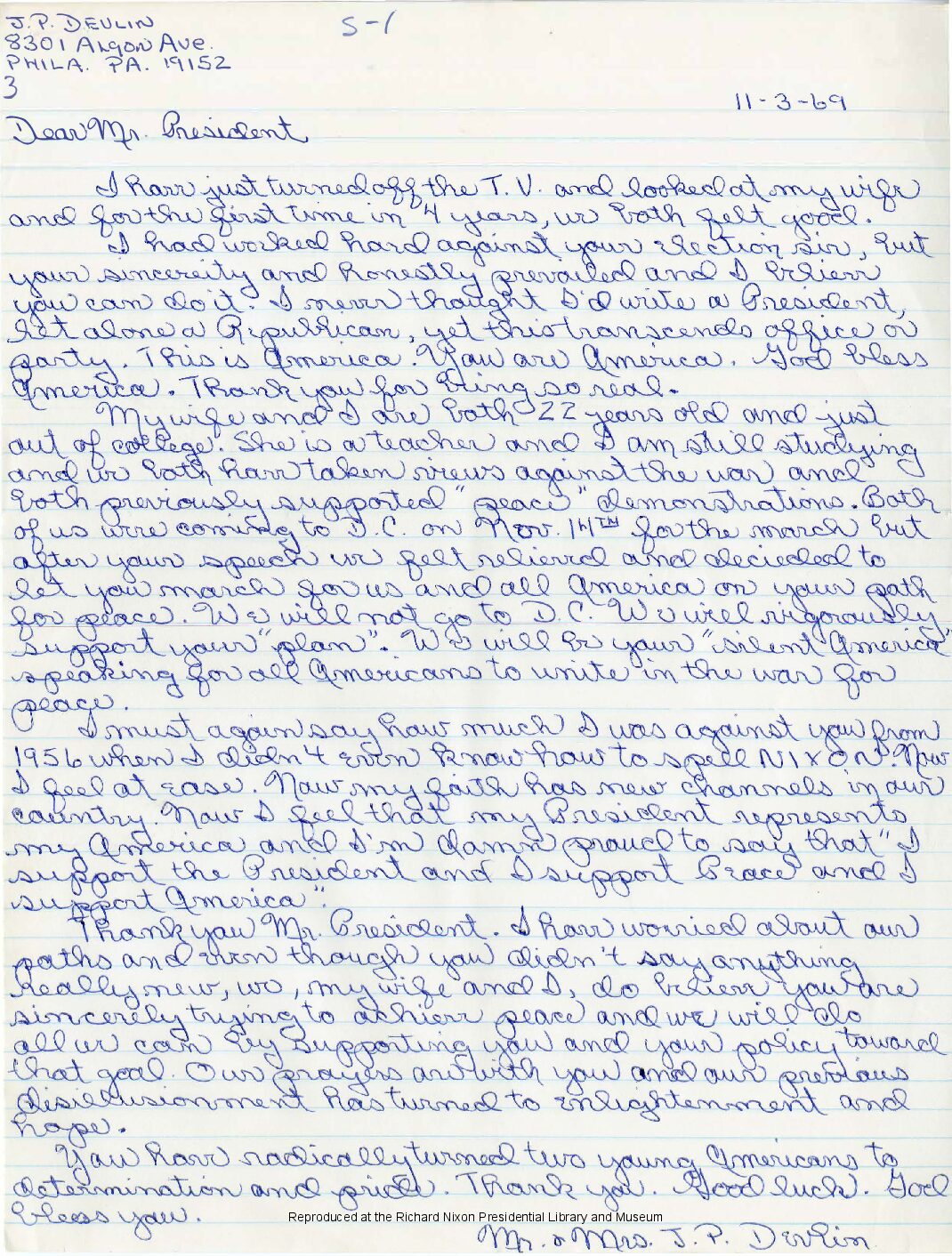 Letter sent to President Richard Nixon by J. P. Devlin