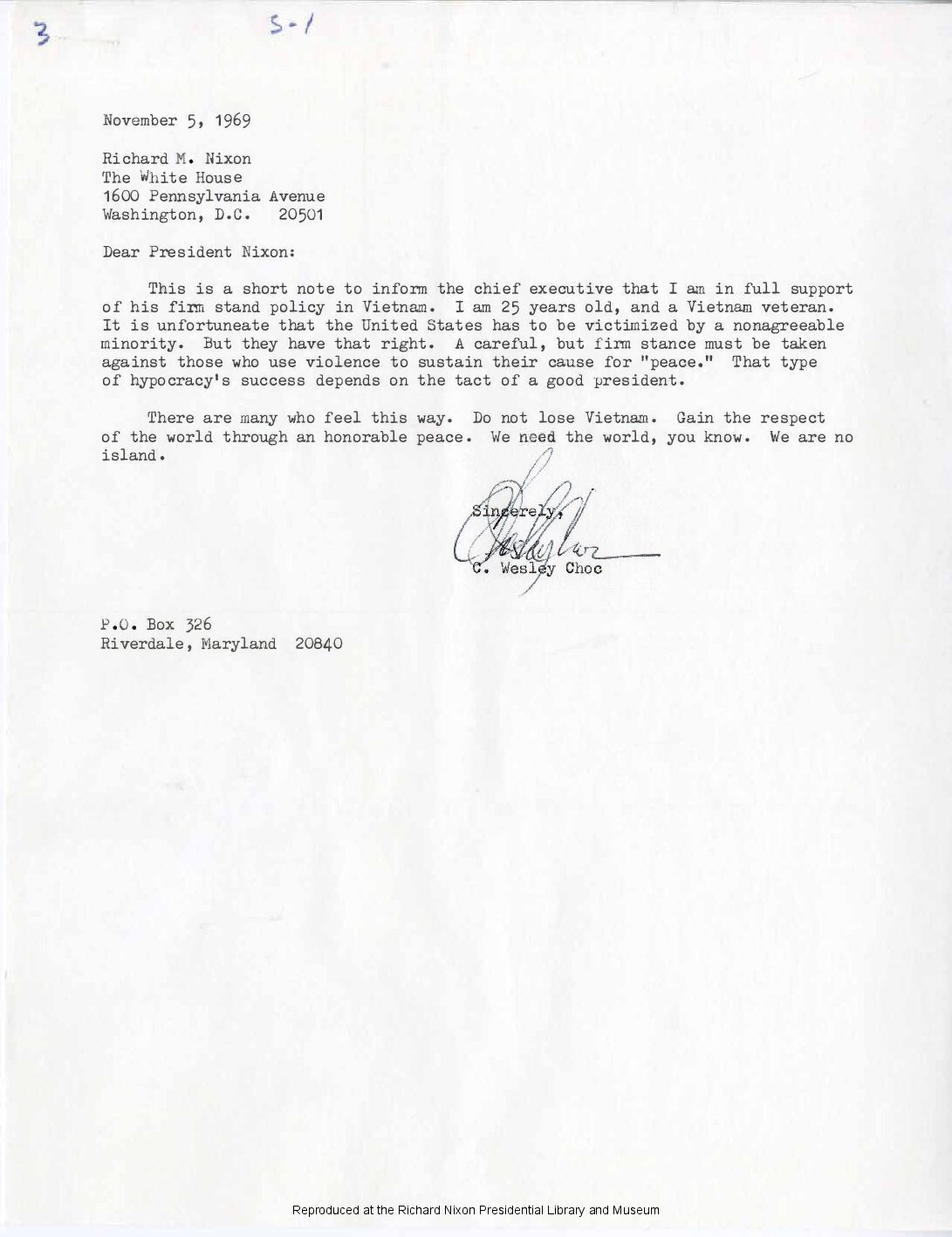 Letter sent to President Richard Nixon by C. Wesley Choc