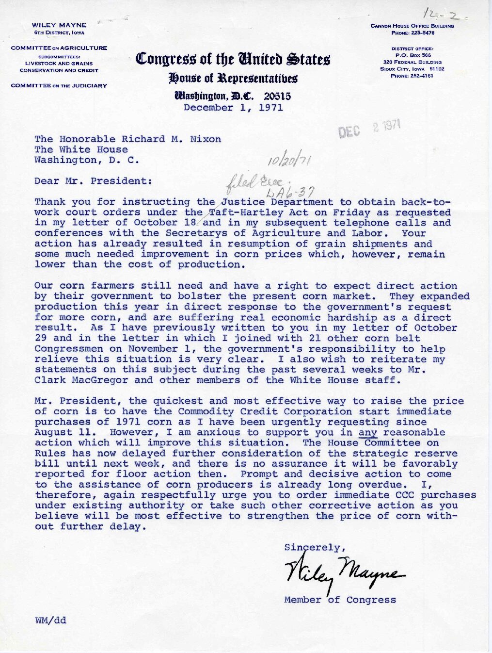 Letter sent to President Richard Nixon by Wiley Mayne