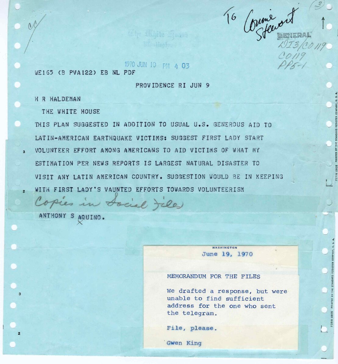 Telegram sent to President Richard Nixon by Anthony S. Aquino
