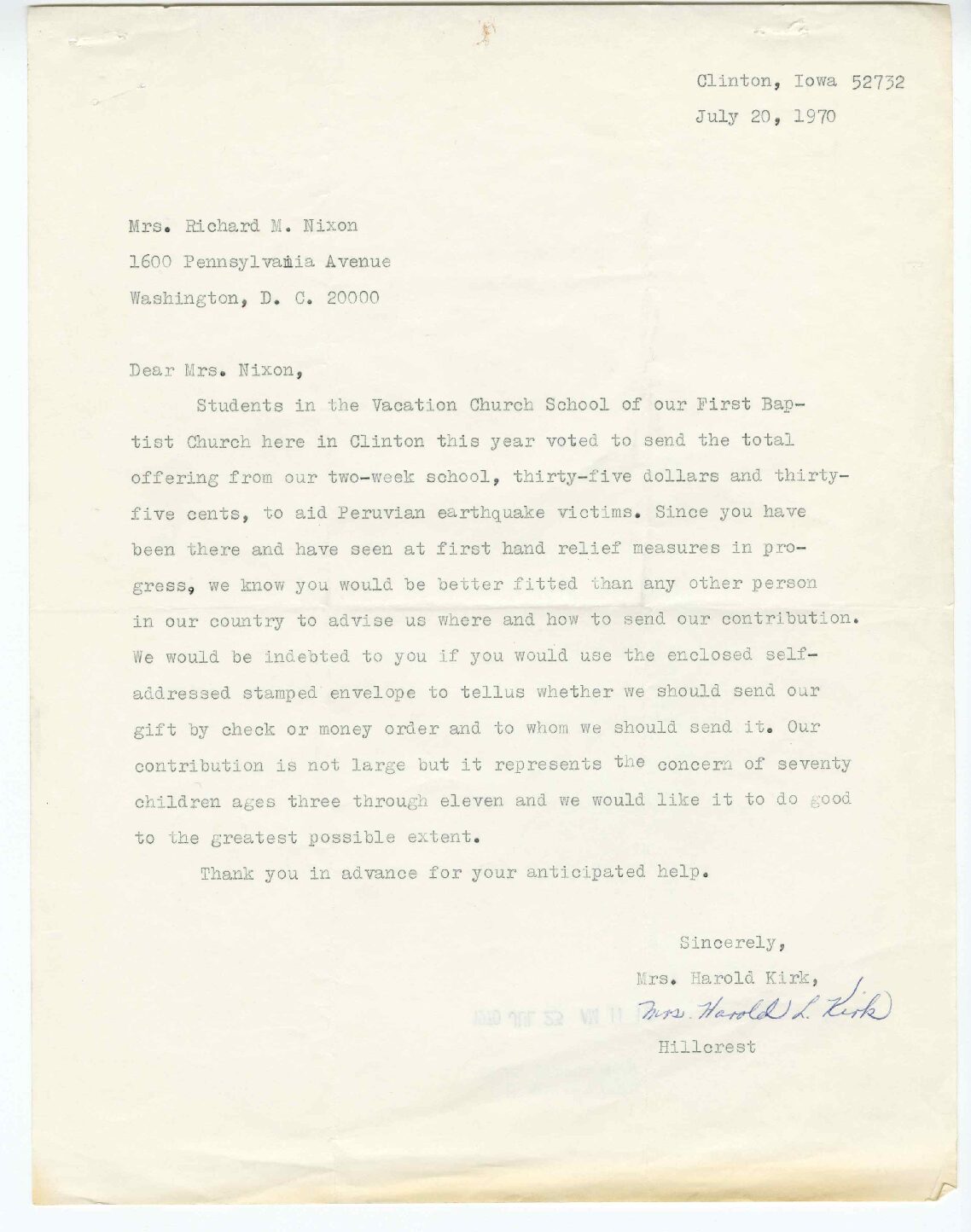 Letter sent to President Richard Nixon by Mrs. Harold Kirk