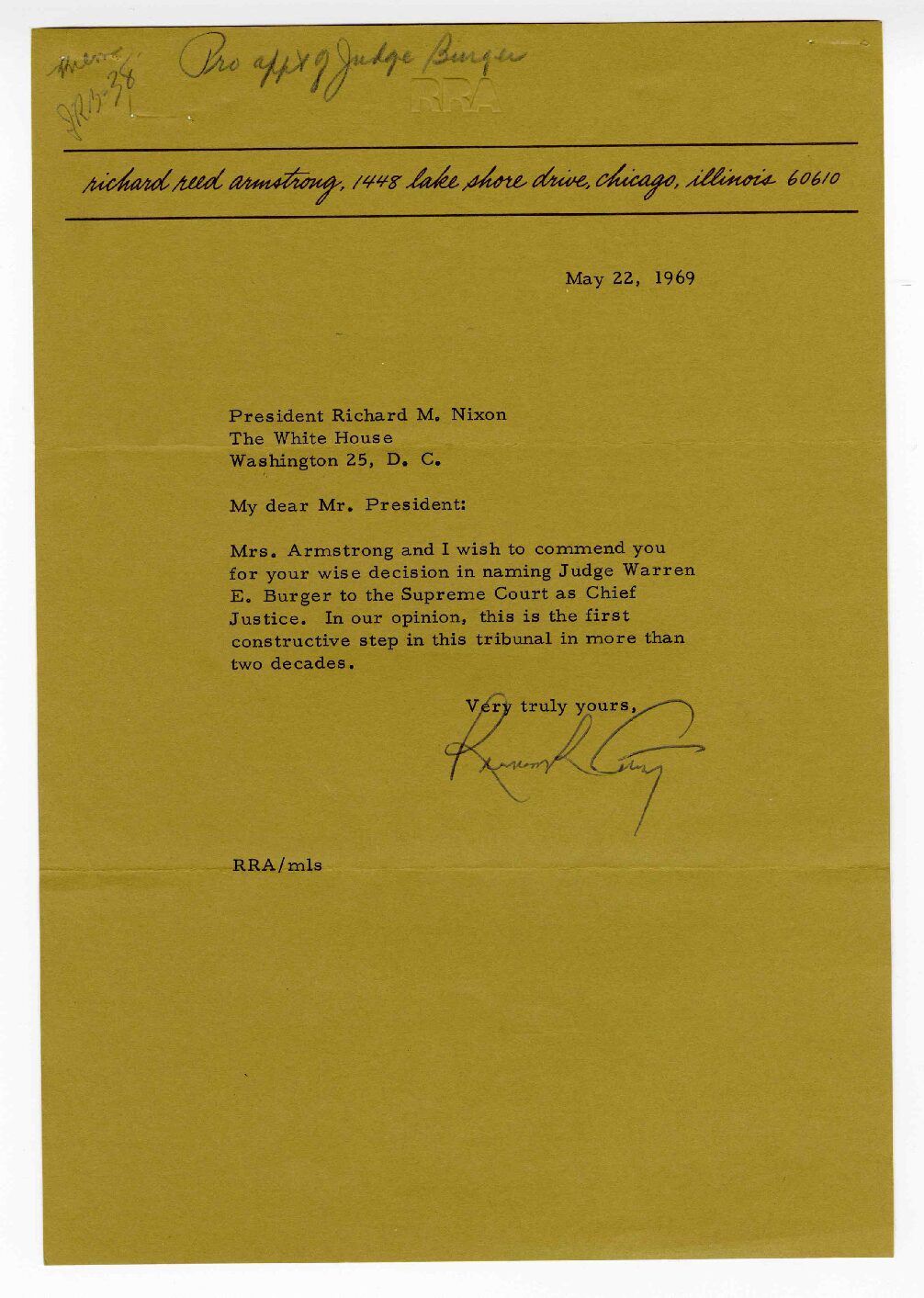 Letter sent to President Richard Nixon by Richard Reed Armstrong