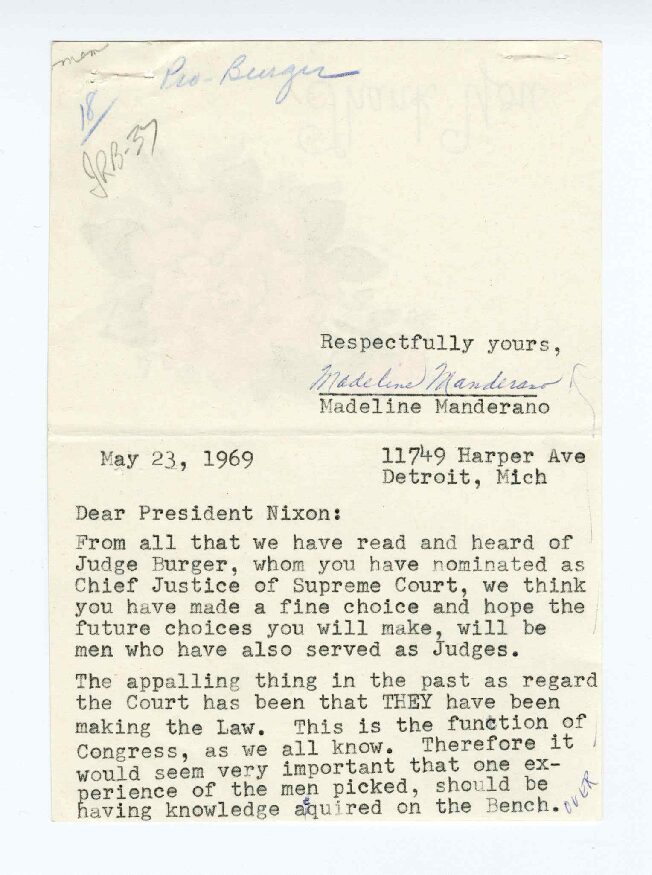 Letter sent to President Richard Nixon by Madeline Manderano