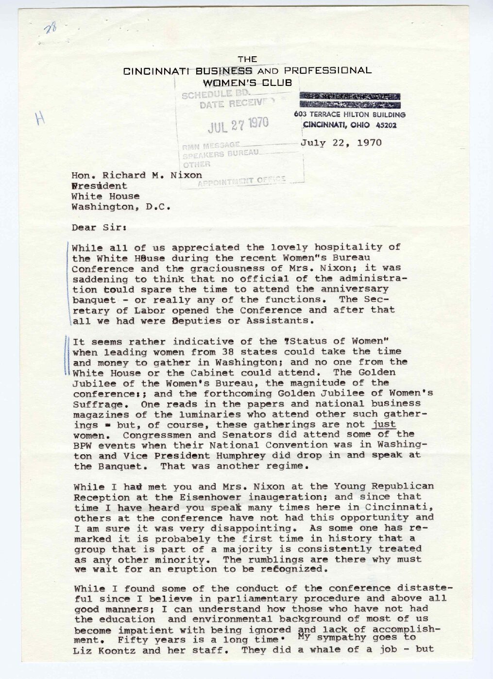 Letter sent to President Richard Nixon by Marie Brady
