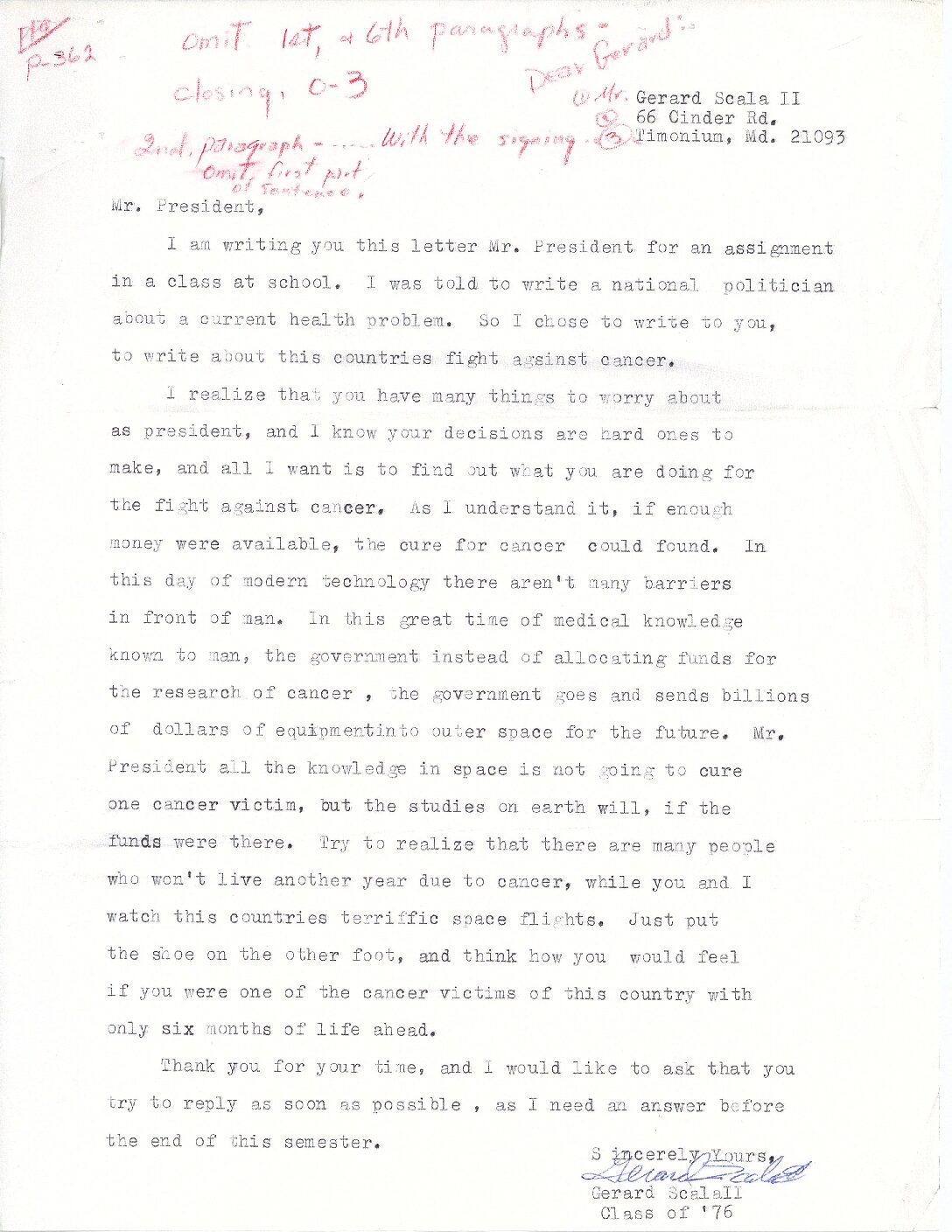 Letter sent to President Richard Nixon by Gerard Scala II