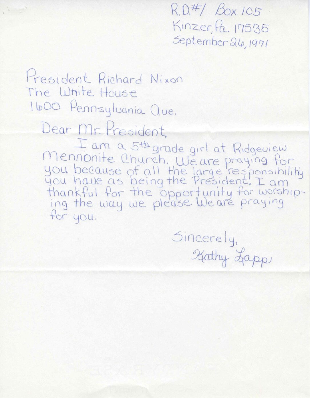 Letter sent to President Richard Nixon by Kathy Lapp