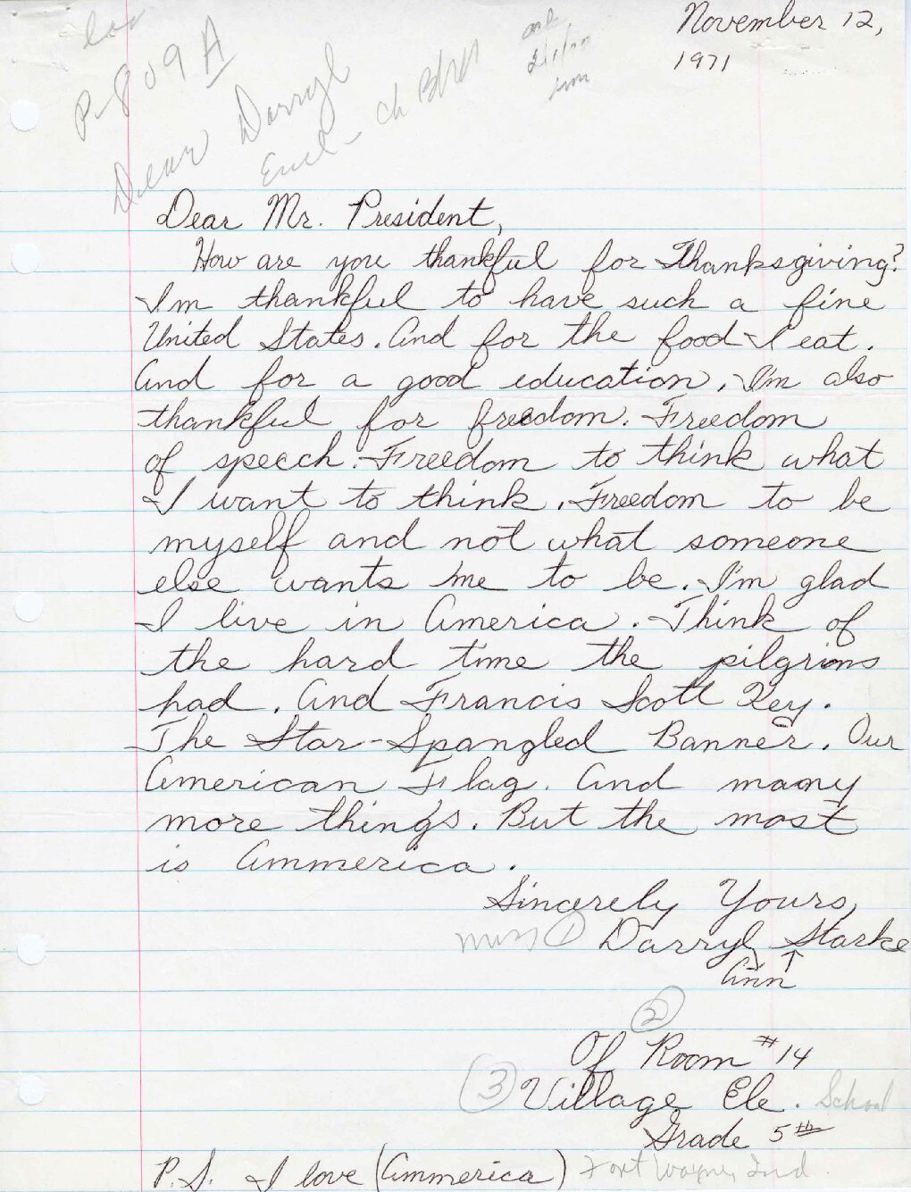 Letter sent to President Richard Nixon by Darryl Starke