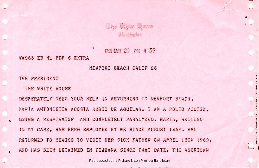 Telegram sent to President Richard Nixon by Nancy Leonard