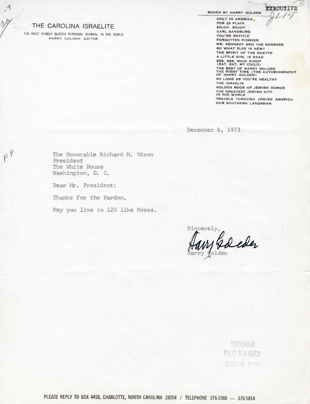 Letter sent to President Richard Nixon by Harry Golden