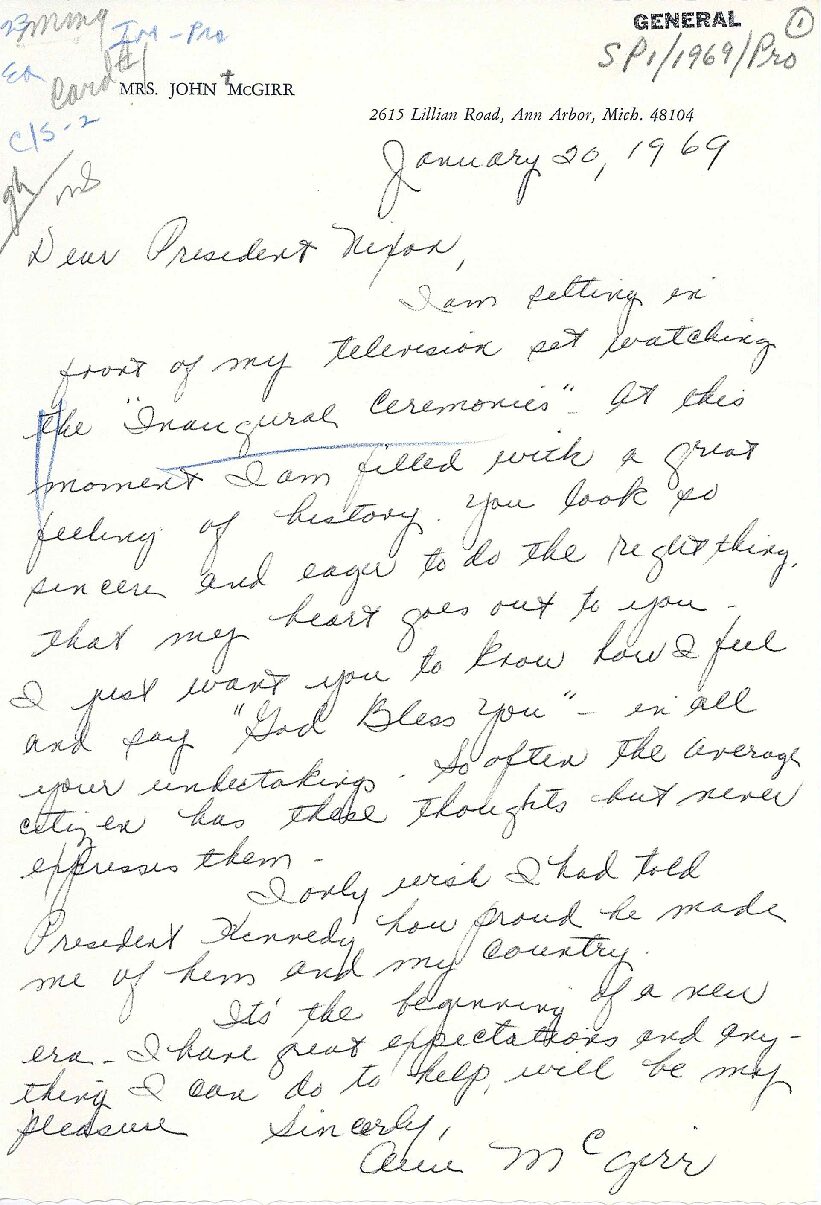 Letter sent to President Richard Nixon by Mrs. John McGirr