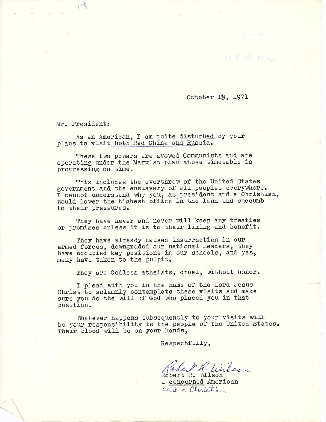 Letter sent to President Richard Nixon by Robert R. Wilson