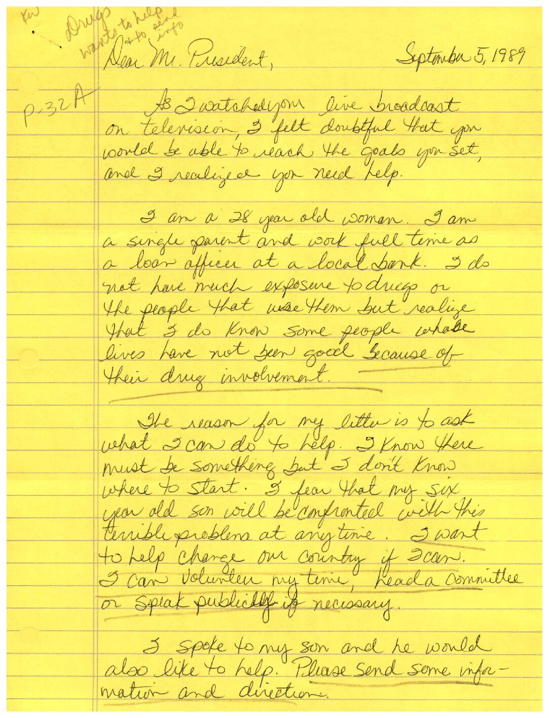 Rebecca Turner to President Bush from 28-year old single female with 6-year old son concerned about drugs and wishes to help with the war on drugs