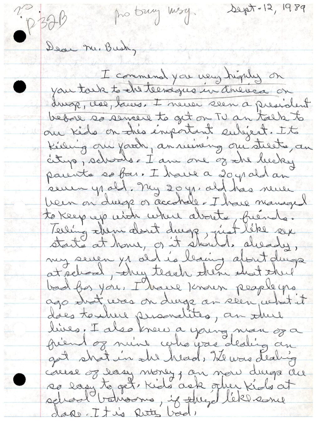 Betty James to President Bush from mother of two–20-year old and 7-year old–commending Bush’s war on drugs