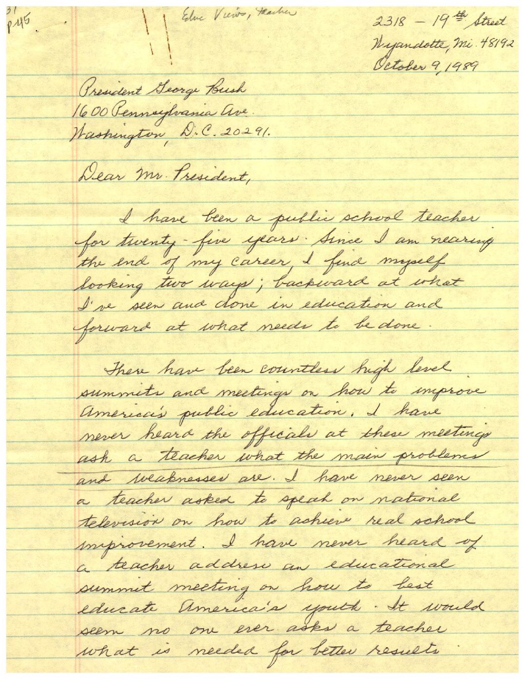 Phyllis Bickerstaff to President Bush from a 25-year female public school teacher–complaints concerning federal education restrictions/requirements