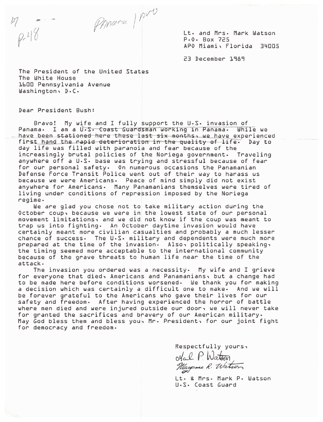 Mark Watson to President Bush letter of support for the U.S. invasion of Panama