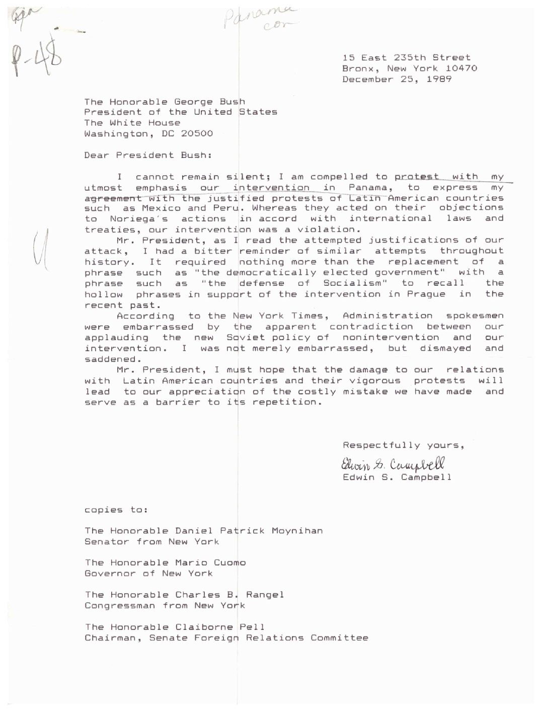 Edwin Campbell to President Bush protesting the U.S. invasion of Panama