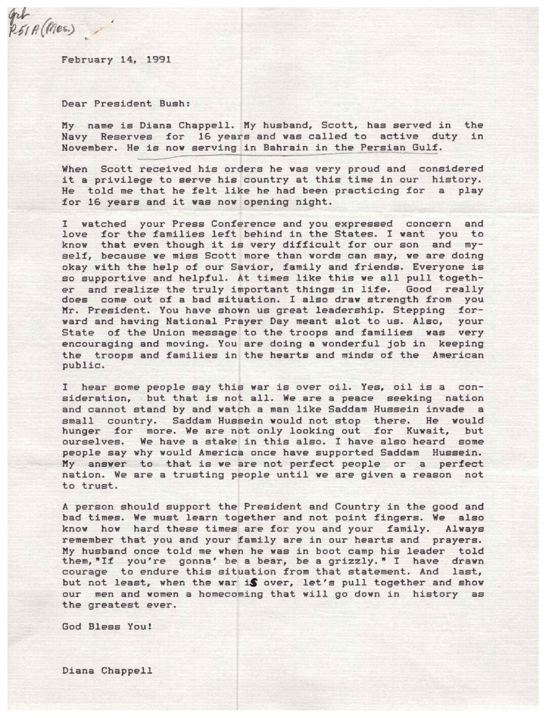 Diana Chappell to President Bush supporting the Gulf War