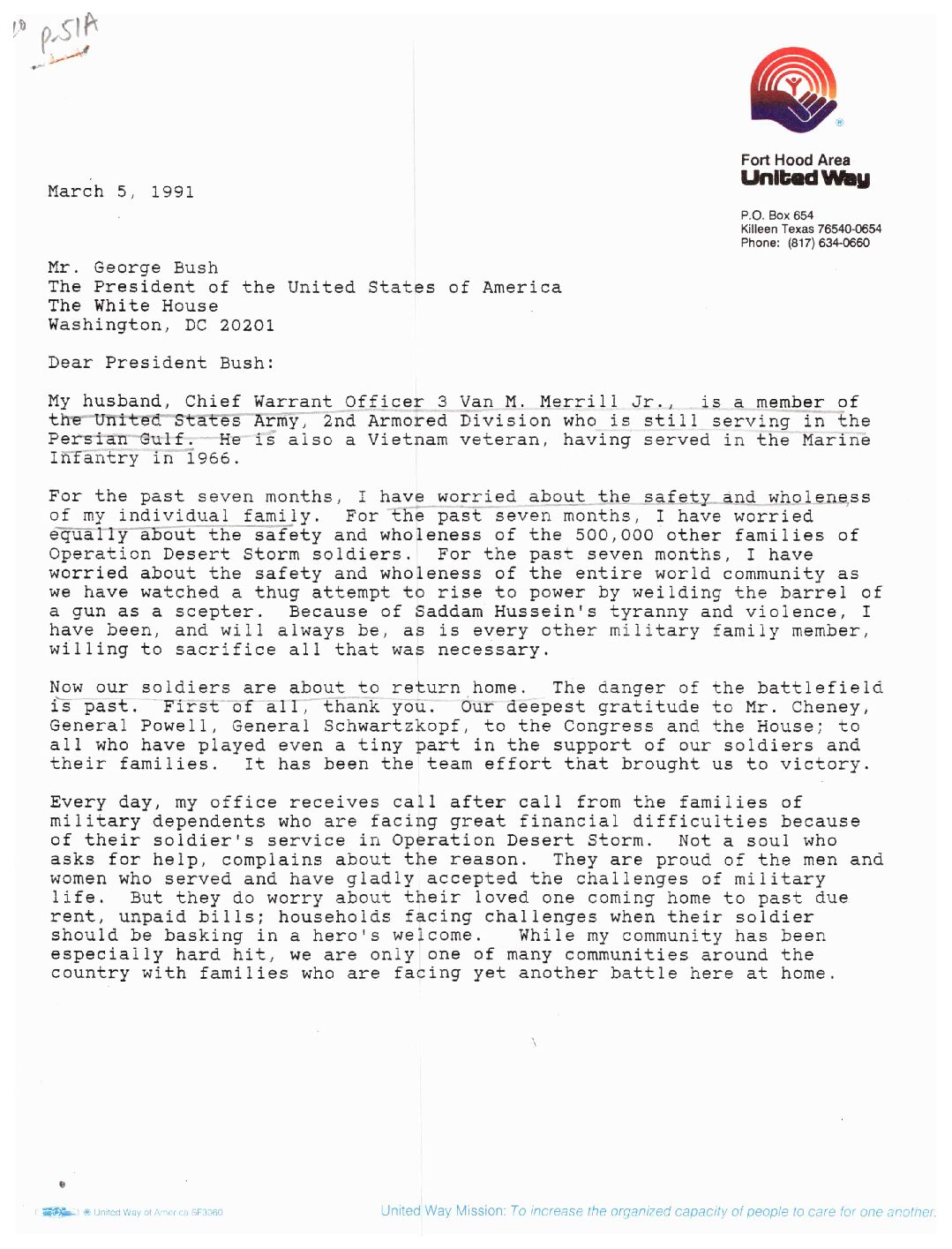Janet Kelly-Merrill to President Bush expressing support Operation Desert Storm1