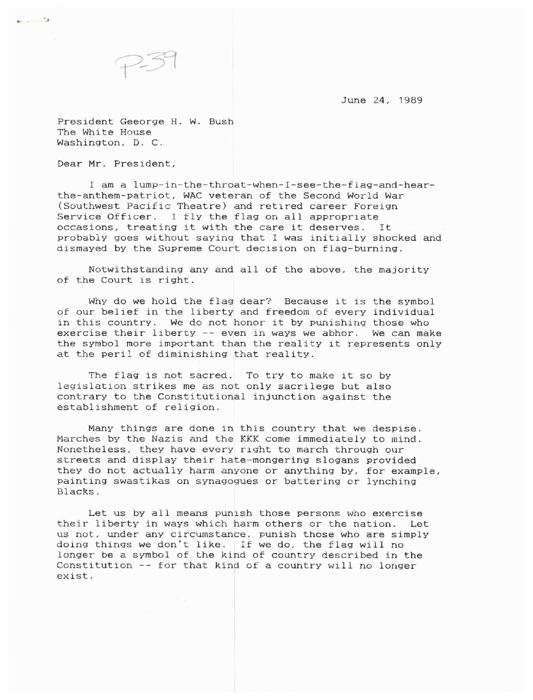 Elizabeth Harper to President Bush iterating her feelings on the Supreme Court’s decision on flag burning