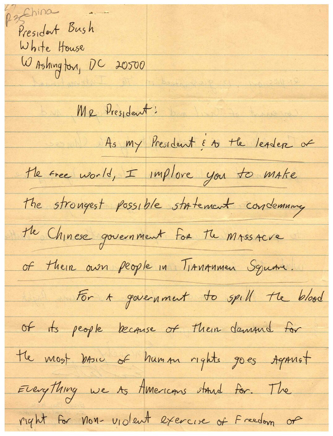 Eric Bricker to President Bush request President Bush condemn the Chinese Government for the Tiananmen Square massacre