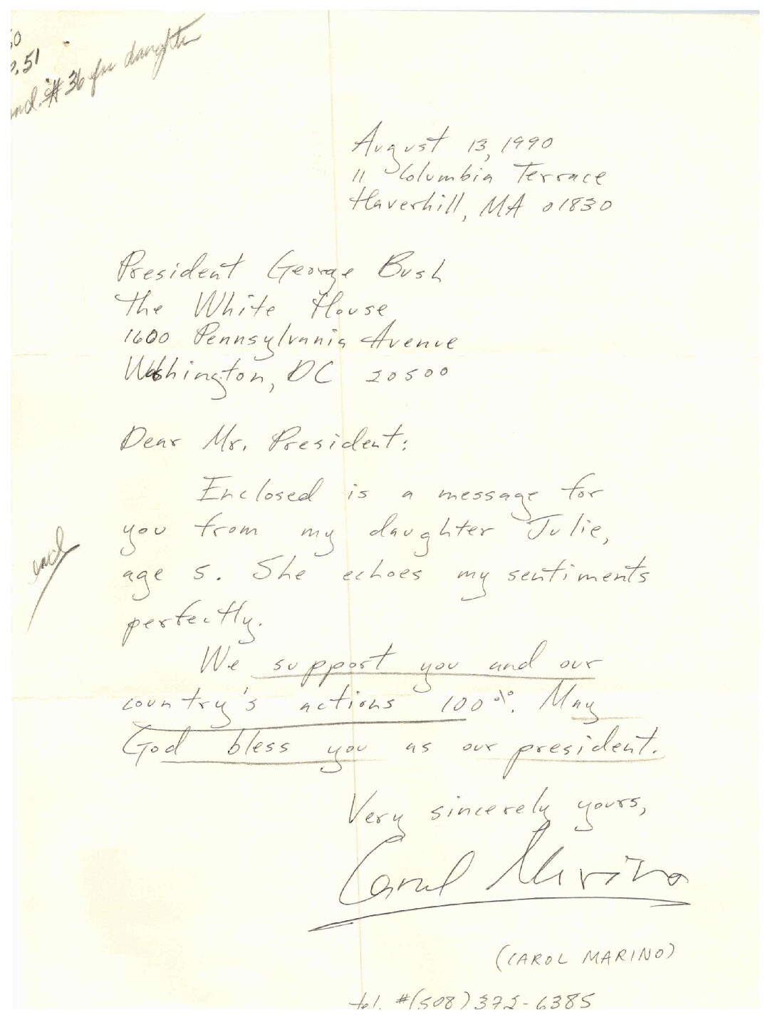 Letter from Carol Marino and 5 year old daughter Julie to President Bush in support of the Gulf War