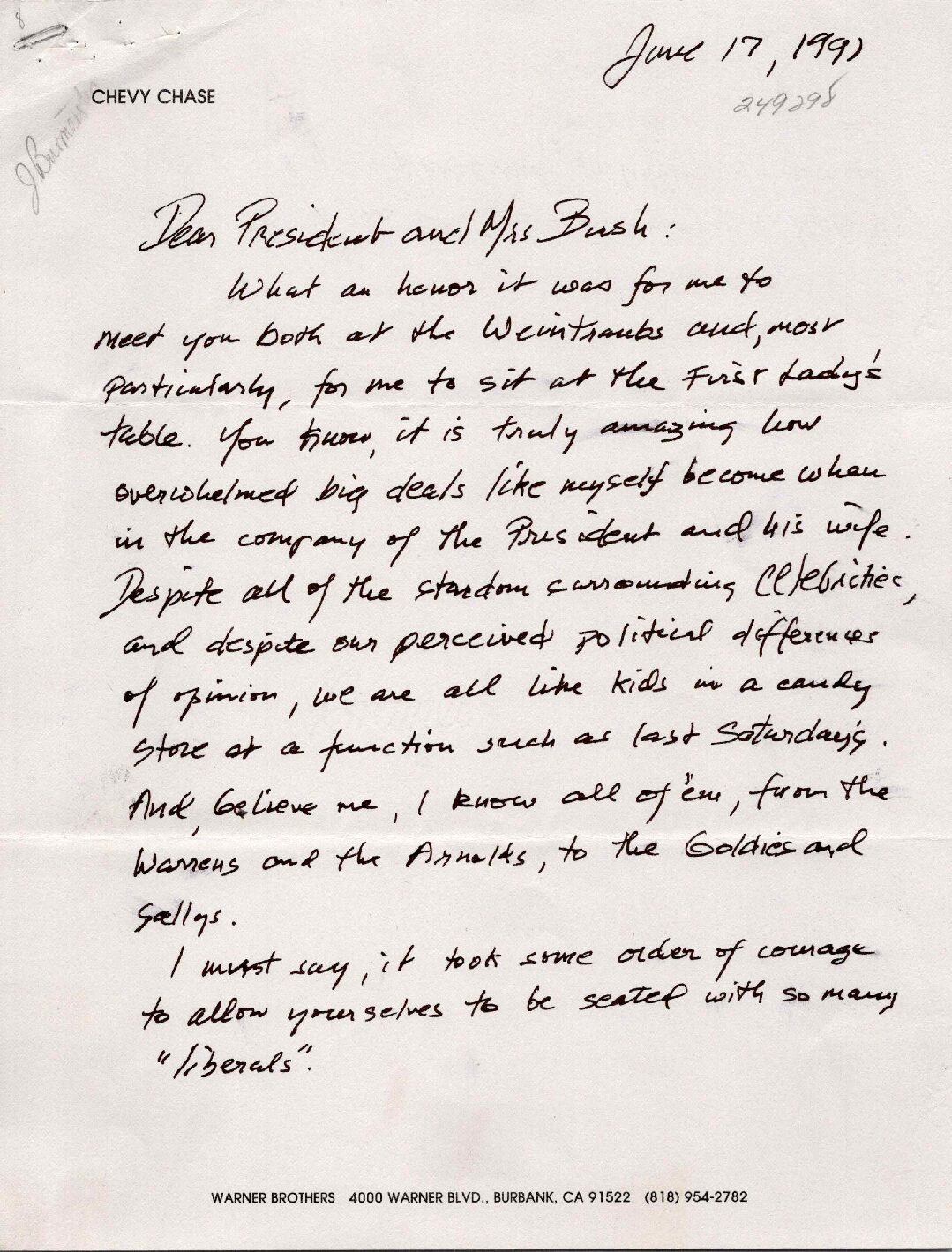 Actor Chevy Chase to President and Mrs. Bush regarding similarities between political outlooks and values