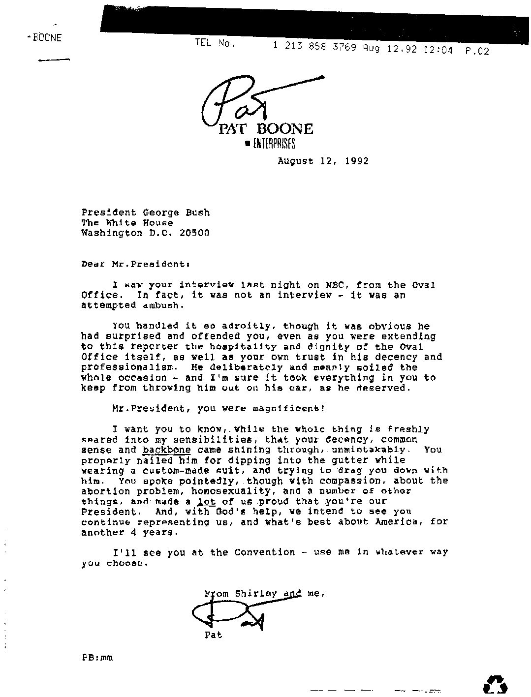 Pat Boone to President Bush commending him on his performance during his interview on NBC from the Oval Office