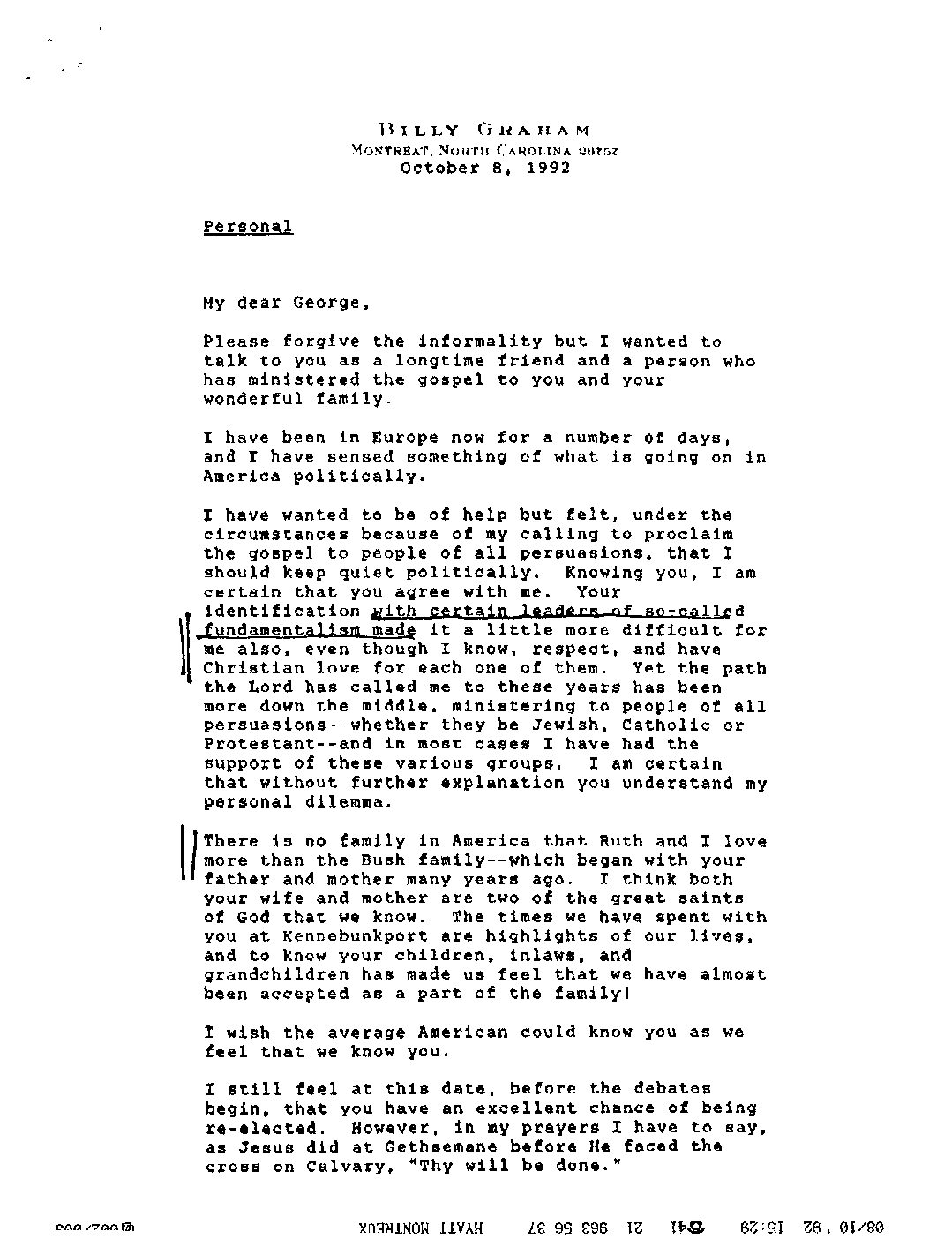 Reverend Billy Graham to President Bush offering his love and support